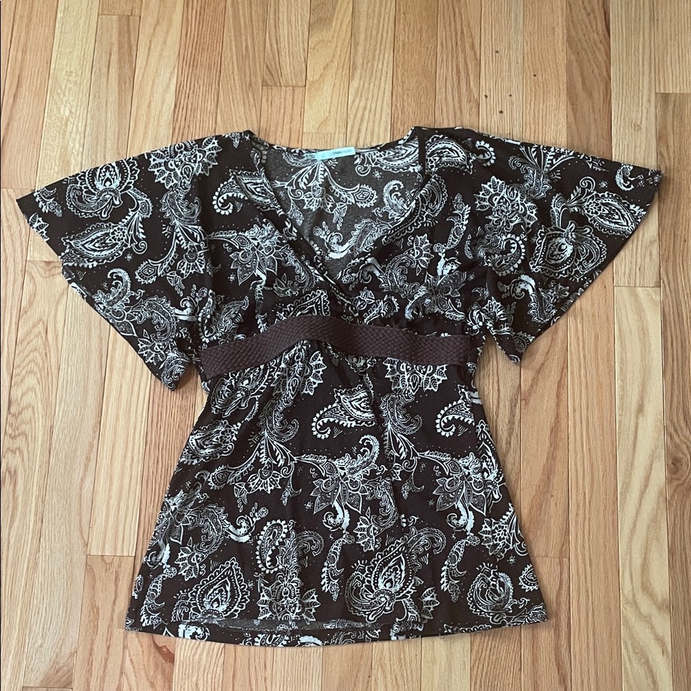 y2k Maurices Babydoll Top Womens Medium Brown White Paisley Print Boho Prairie
